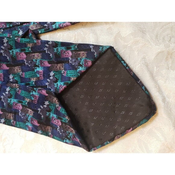 Museum Artifacts All Silk Tie Buildings Abstract Blue Purple Green Handmade - Picture 7 of 8